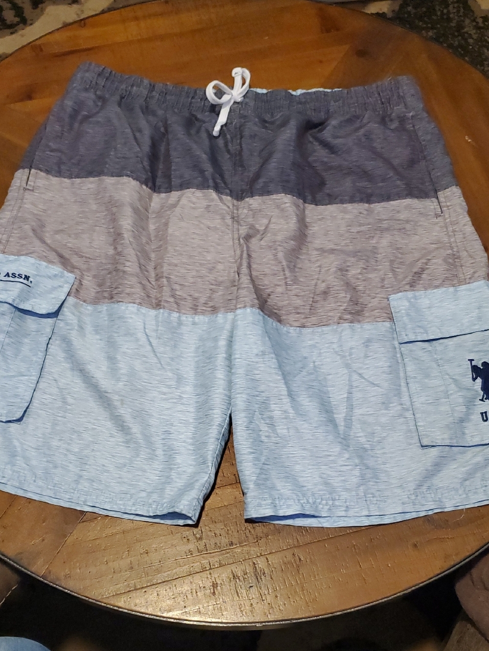 U.S. Polo Assn. Men’s Three-Tone Navy, Gray, and Light Blue Swim Trunks